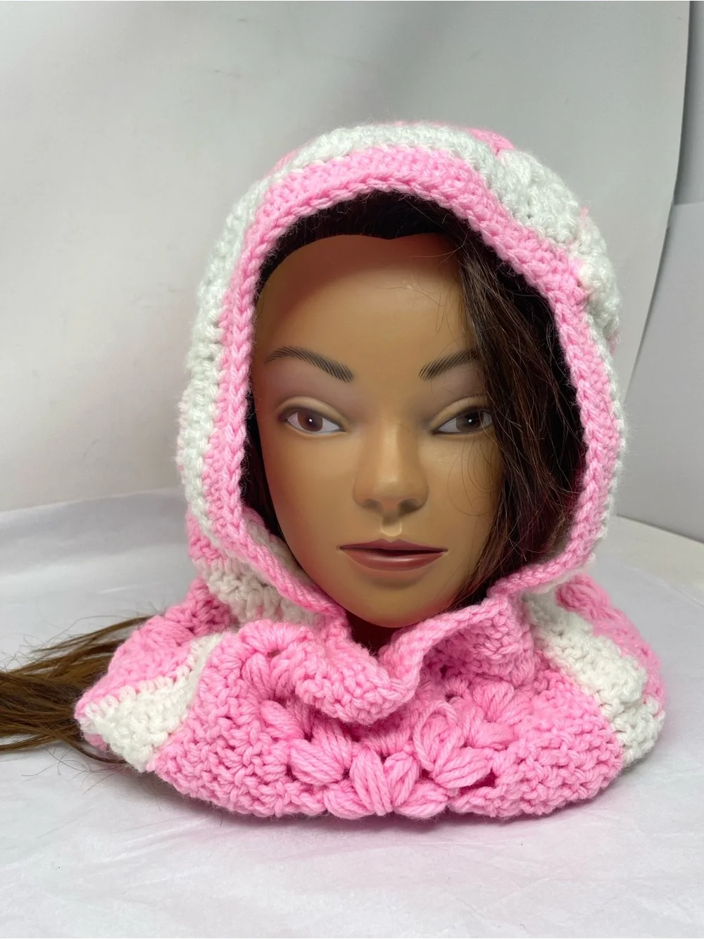 Handmade Crochet Knit Granny Square Balaclava Hood Scarf Floral Pink & White